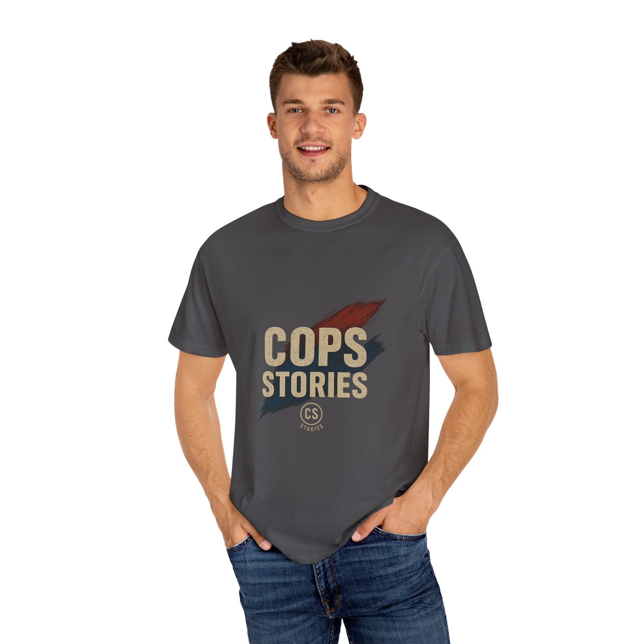 Cops Stories T-Shirt | Unisex Garment-Dyed Tee for Law Enforcement Enthusiasts, Perfect for Everyday Wear, Gifts, Police Appreciation